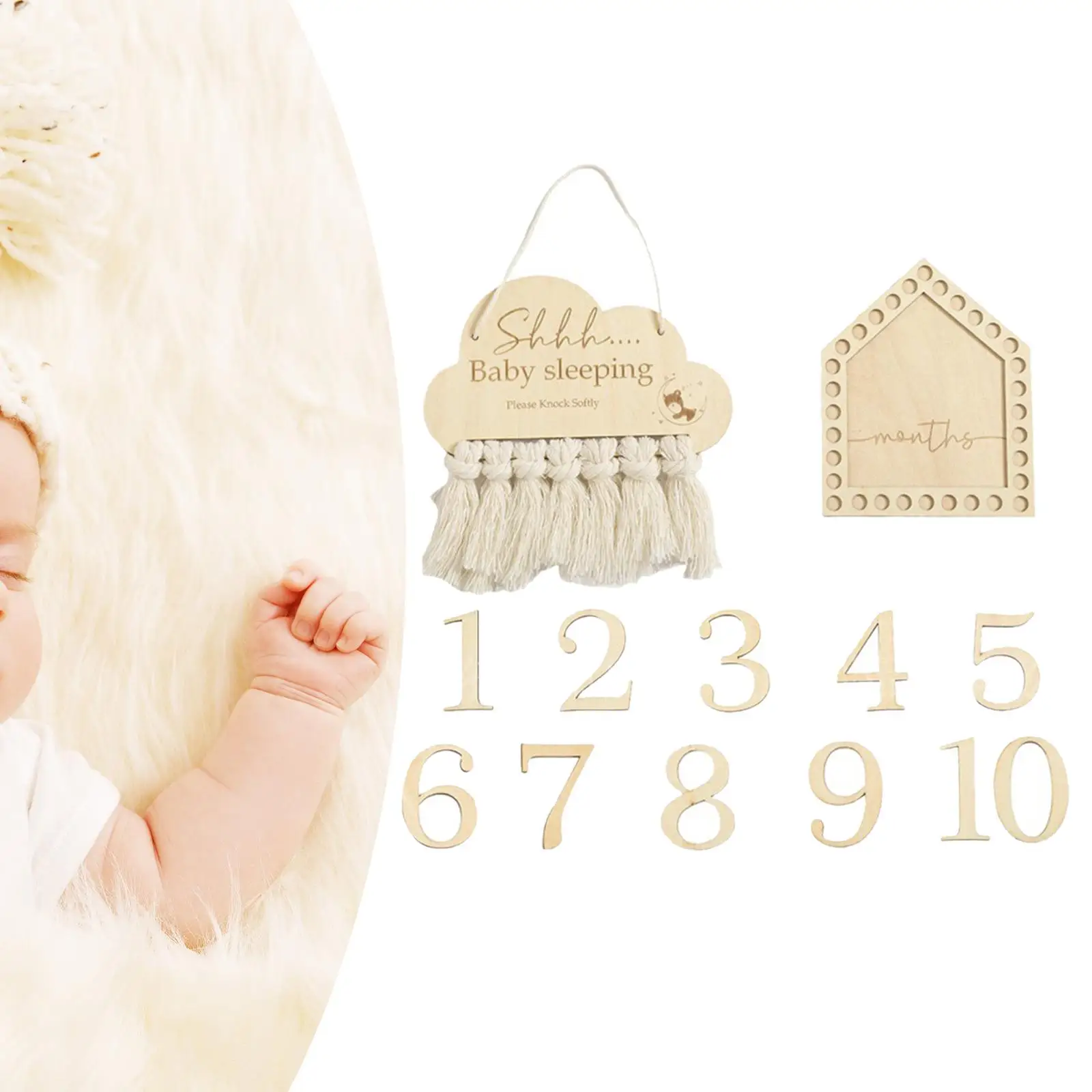 Wooden Baby Milestone Cards Newborn Photoshoot Props Tassel Room Door Hanger