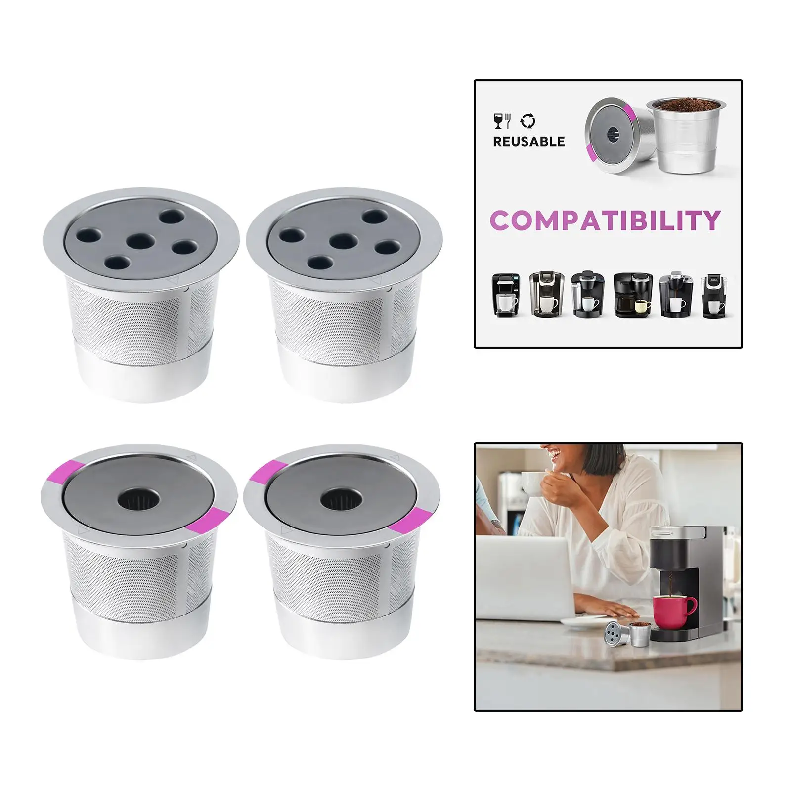 2x Reusable Coffee Filter Replacement Refillable Stainless Steel Single Serve Leakproof with Lid for Coffee Makers
