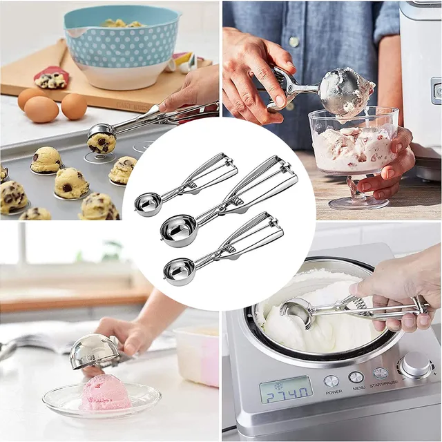 3 Sizes Stainless Steel Ice Cream Scoop Tool Cookie Watermelon Ball Spoon  Fruit Mash Potato Digging Ball Spring Handle Scoop - AliExpress