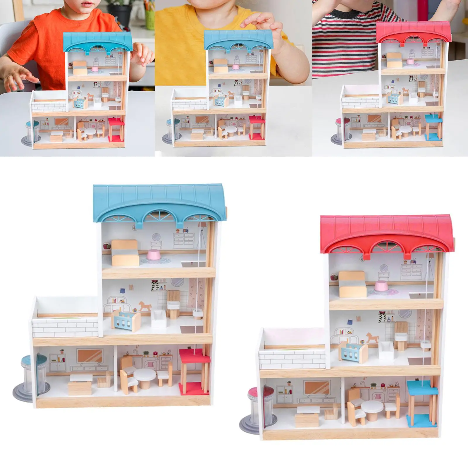 Wooden Dollhouse Mini Furniture Toy for Kids Gift Toy Garden Indoor Outdoor 3 Years and up Easy to Assemble European Style House