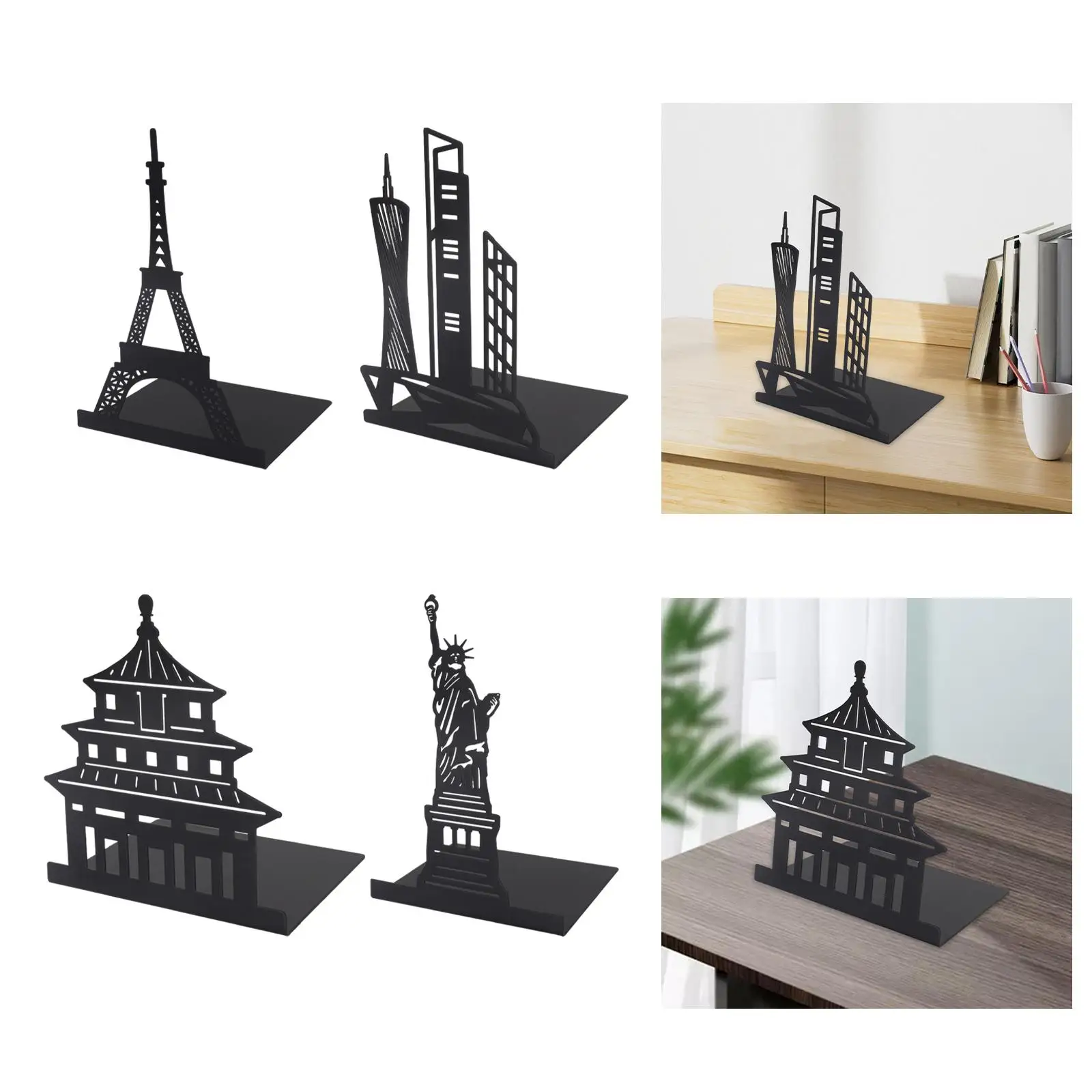 Bookends Famous Architecture Iron Art Black Book Ends for Heavy Books Sturdy