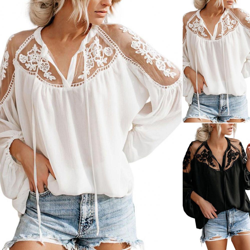 Blusa feminina Chic Flor Padrão Bordado Lace