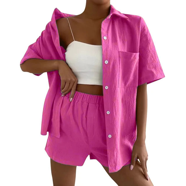 Conjunto de 2 piezas formado por camisa y pantalón corto de lino y algodón  para mujer, ropa deportiva informal de manga corta, color rosa, 2023 -  AliExpress
