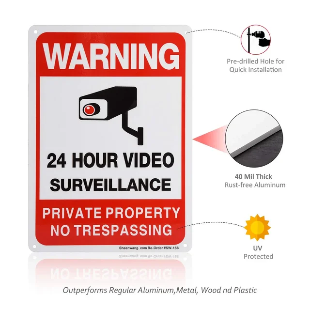 Protected By Video Surveillance Sign - Aluminum Metal CCTV Camera Safety Alarm Sign