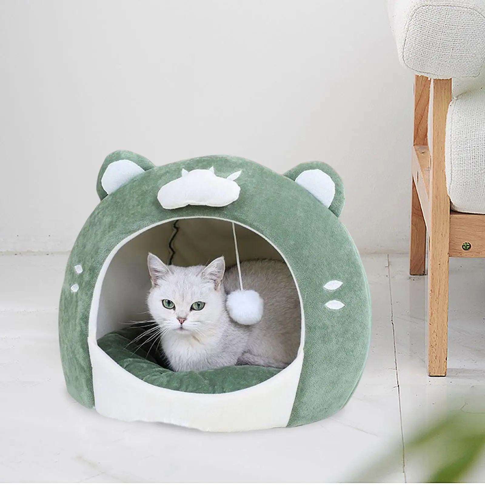 Kittens Cat Bed Covered Semi Enclosed Cat Tent Sleeping House Anti Slip Base Removable Cushion Lightweight Durable Easily Clean