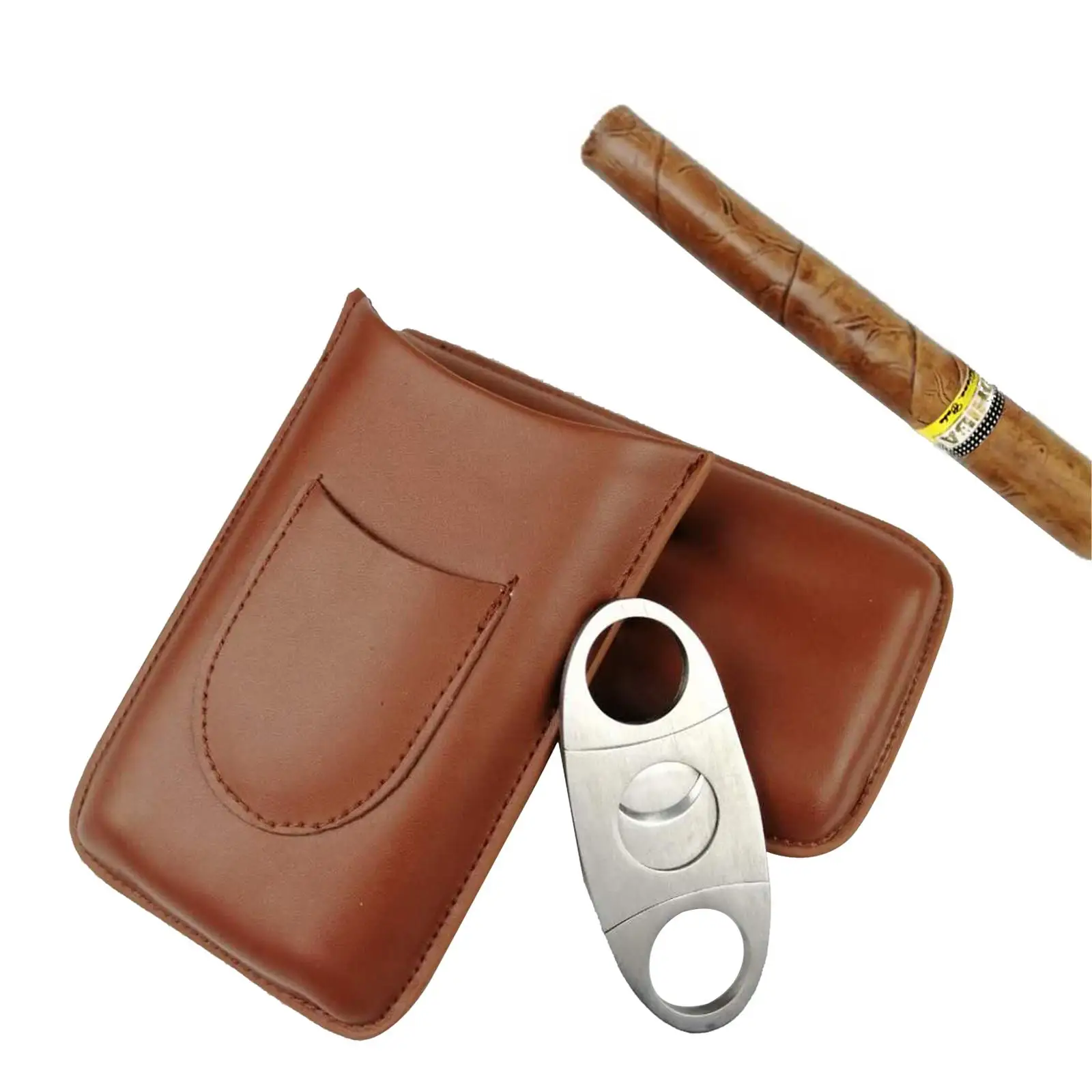 Leather Cigar Holder 3 Storage Carrying Case Tube + Cigar Cutter Set