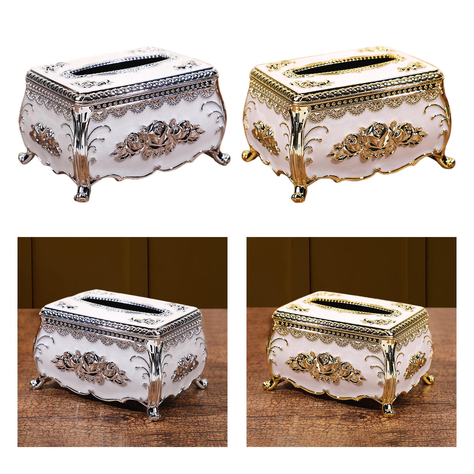 Rectangular Rose Carved Tissue Box Napkin Holder for Desk Table Sleek Opening ,7.3iX5.3x4Inches Elegant Decorative Luxurious