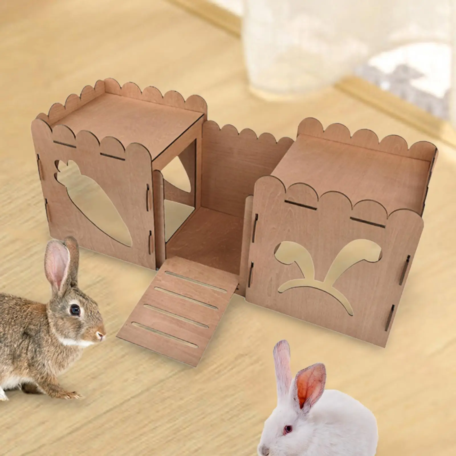 Wooden Rabbit Castle Hideout Hamster House Habitats Hut with Ladder Cage