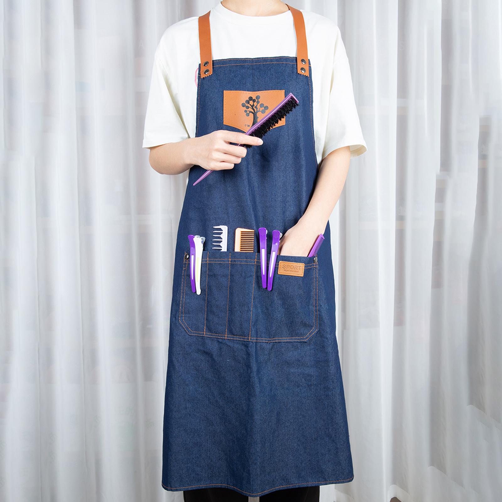 Adjustable Straps Hairdresser Apron Wear Resistant Dirt Resistant Comfortable Denim Apron for Dishwashing Cooking Barbecue