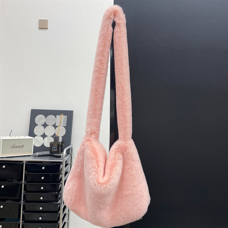 2000s Y2k Hot Girls Candy Color Rose Pink Plush Crossbody Shoulder Bag Women Winter Harajuku Street Fashion Faux Rabbit Fur Bags