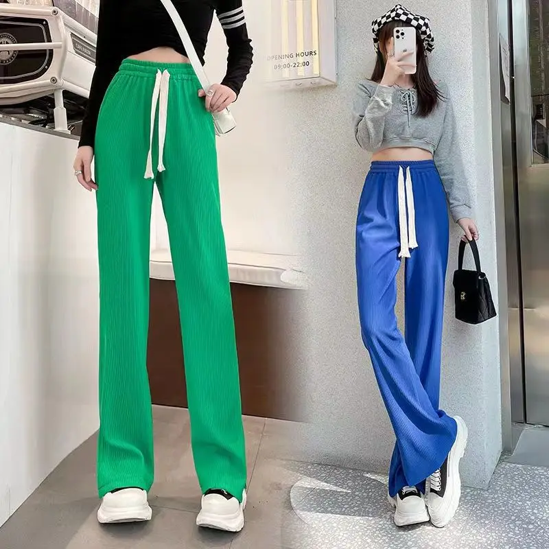 baggy jeans Women 2022 Spring Summer Fashion High Waist Knitted Pants Female Loose Drawstring Trousers Ladies Casual Wide Leg Pants T40 cargo capris