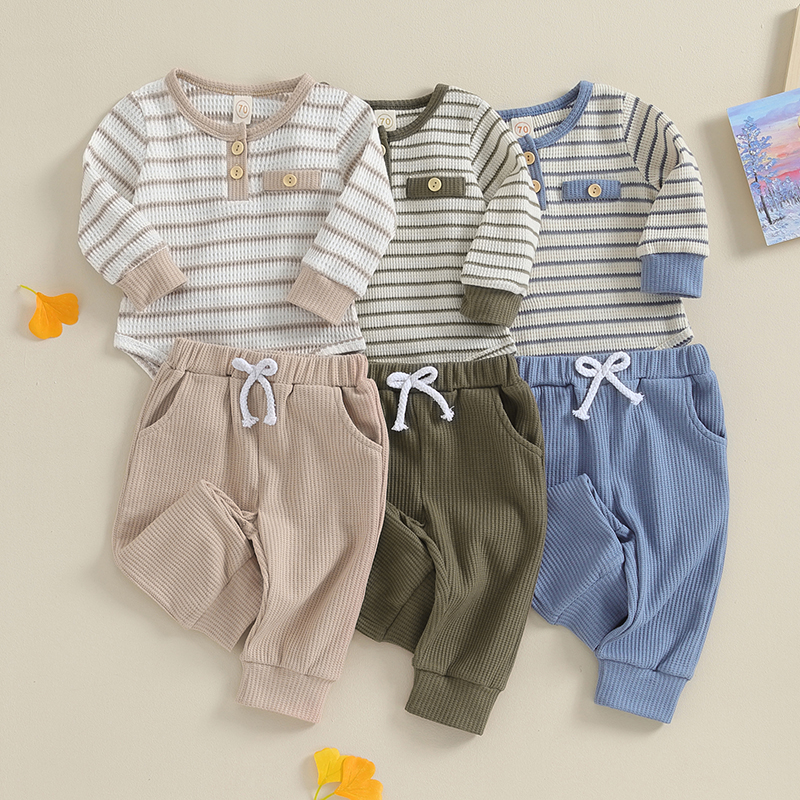 Nombre 1, 2PCS Kleinkind Baby Jungen Kleidung Hosen Sets Langarm Gestreiften Strampler und Einfarbig Hosen Frühling Herbst Kleidung Sets