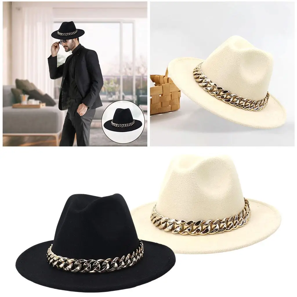 Wide Brim Fedora Hat with Chain  Wide Brim  Felt Luxury Hat for Women