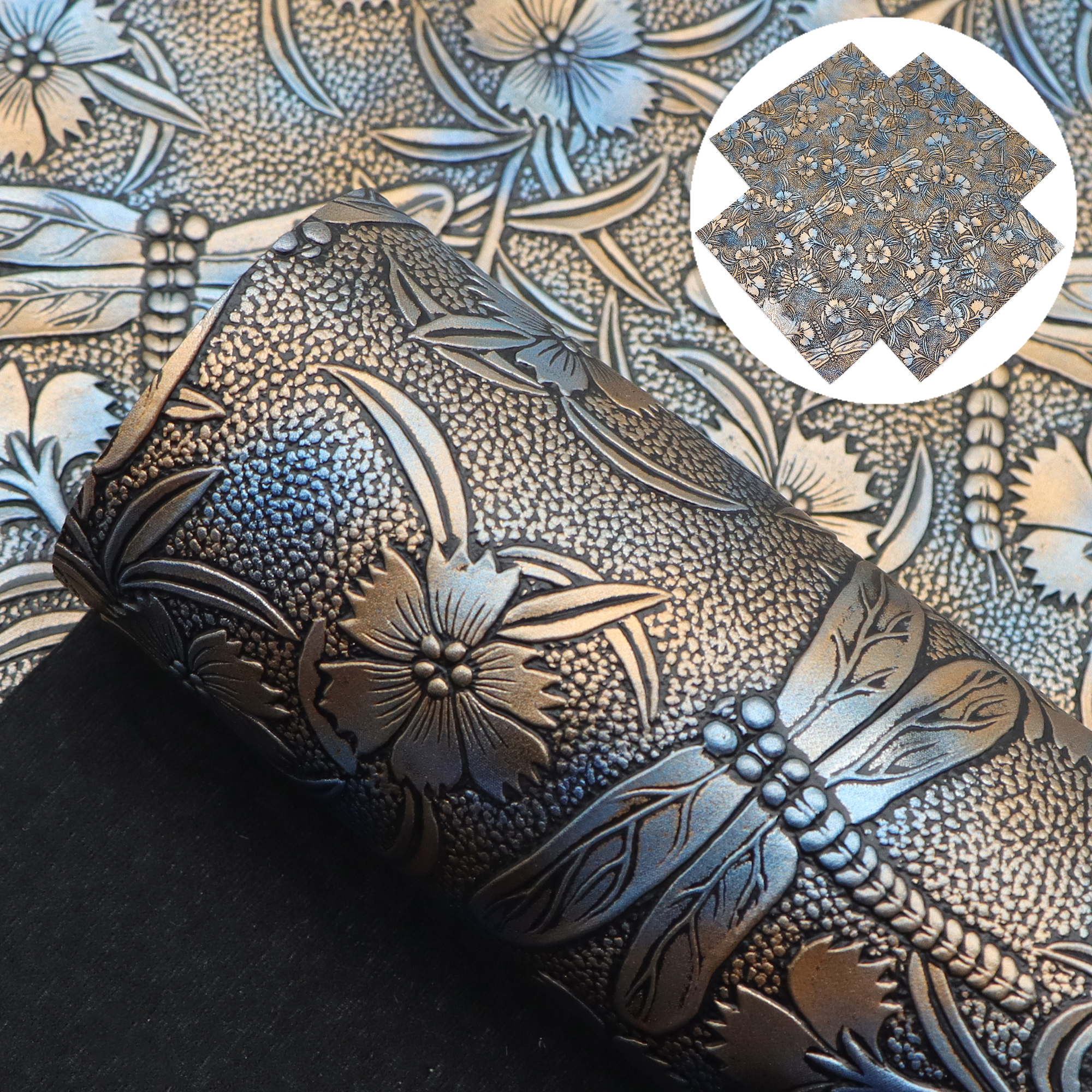 Description Picture 3 of itemMetallic Color Flower Faux Leather Sheets Dragonfly Flower Synthetic Leather Fabric Roll For DIY Earrings Bags Bows