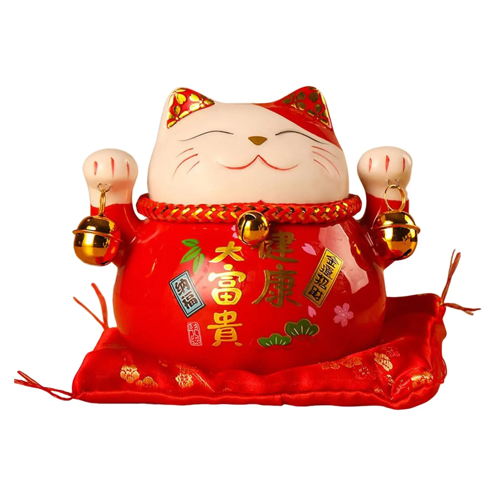Feng Shui Lucky Cat Money Bank Statues with Bell Crafts Decoration Home Decor Display Ceramic for Desktop Gift Presents Office