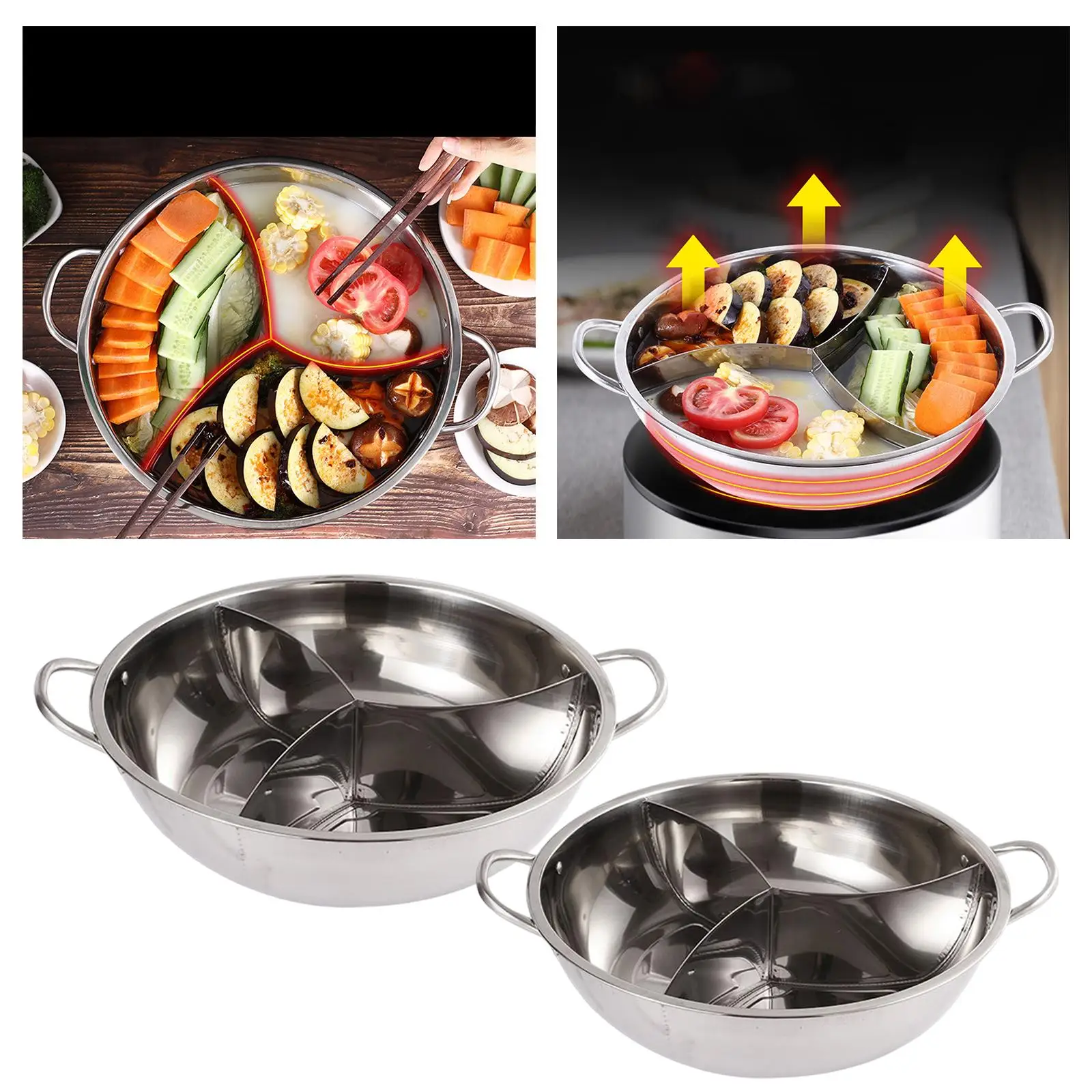 Household Chinese Chafing Dish Pot Soup Cookware with 3 with Divider Soup Pot Kitchenware for Shop Hotel Restaurant Home