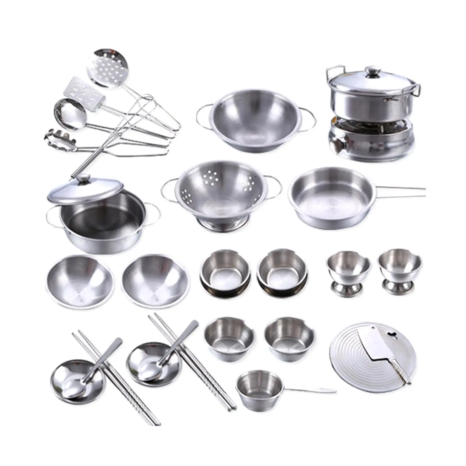 25Pcs Kitchen Pretend Toys Cooking Utensils Stainless Steel for Aged 3 Years and up Mini Pots Pans Polished Development Toys