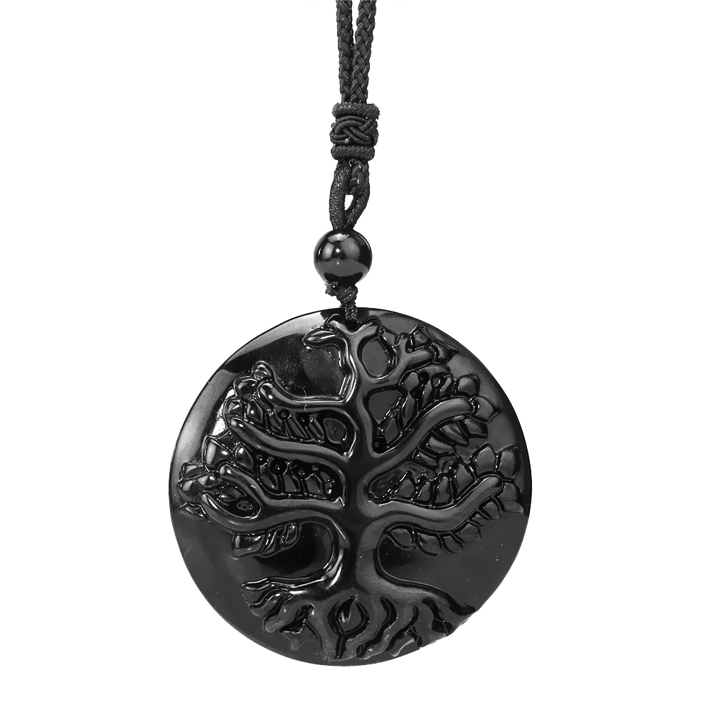Natürliche Obsidian Laser Carving Baum des Lebens Anhänger Halskette für Männer Frauen Glück Amulett Pullover Kette Meditation Schmuck Geschenke – Detail 2