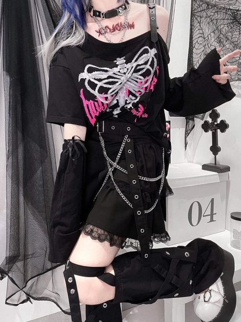 Y2k Aesthetic Black T Shirt Women Harajuku Off Shoulder