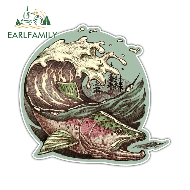 Earlfamily Wild Brown Trout Wave Decal Fishing Retro Art Creative