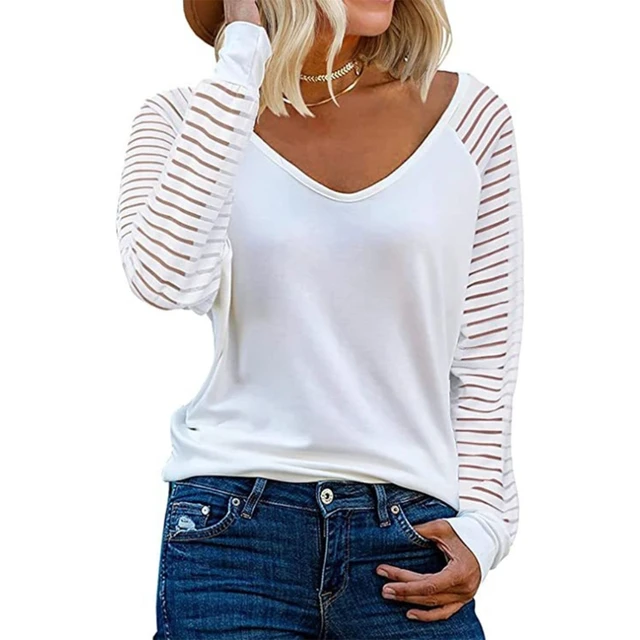 Womens Long Sleeve V-Neck T-Shirt Striped Sheer Mesh Patchwork