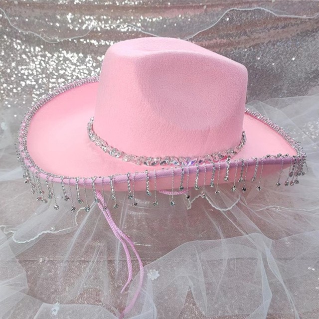 Sunisery Women Cowboy Hat Wide Brim Rhinestone Tasseled Western Large Cap 