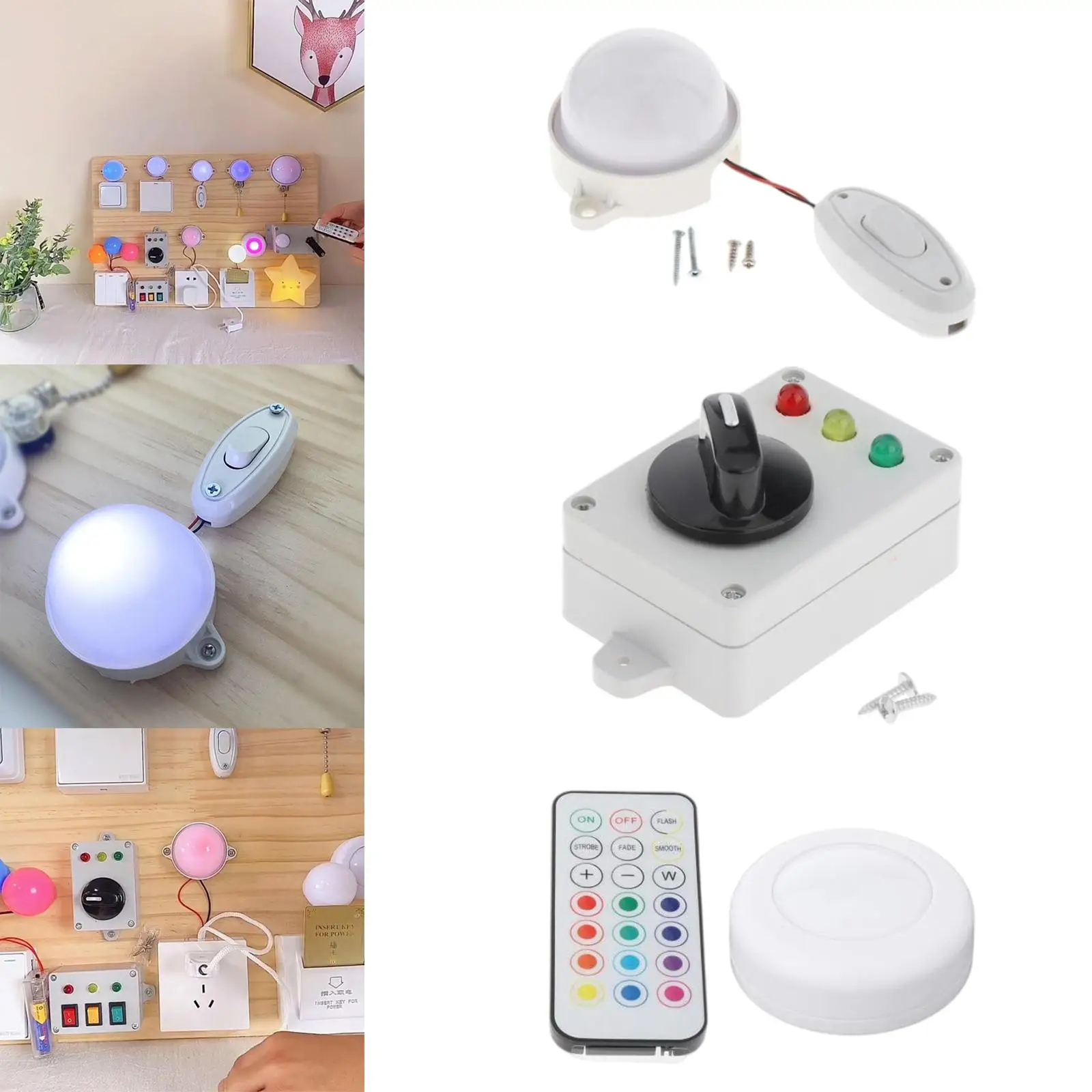 3 pcs Electrical 3-Color Light,Switch Light,Remote Clap Light DIY Busy Board Accessory for Age 3+