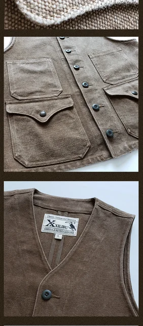 Men's Vest Washed Canvas Brown Khaki American Vintage Sleeveless Jacket  Spring Autumn