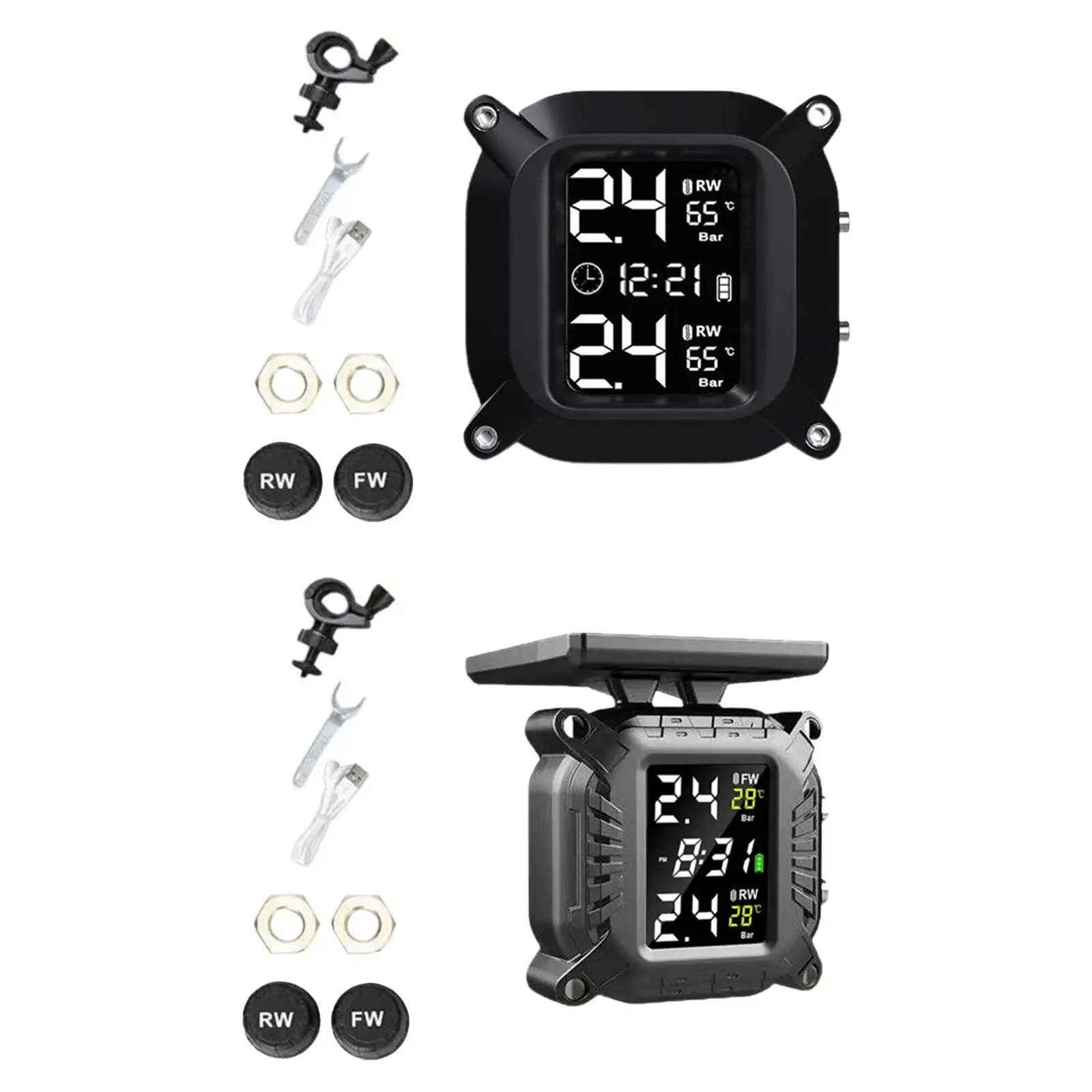 Tire Pressure Monitoring System Temperature Alarm Waterproof Smart 1100mAh with 2 Sensors Large LCD TPMS for Motorcycles