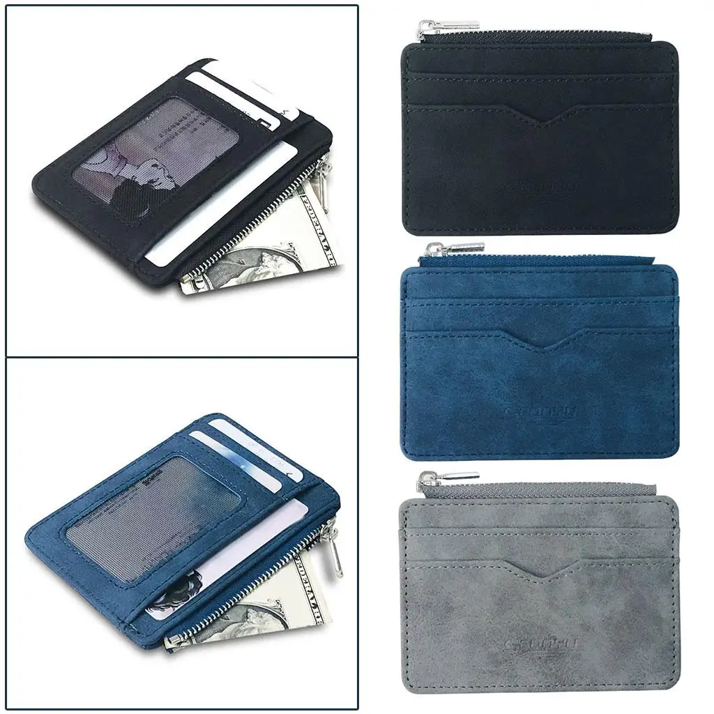 Slim ID Card Holder PU Coin  Wallet Unisex Mini Portable Zipper Pouch Money Clip for