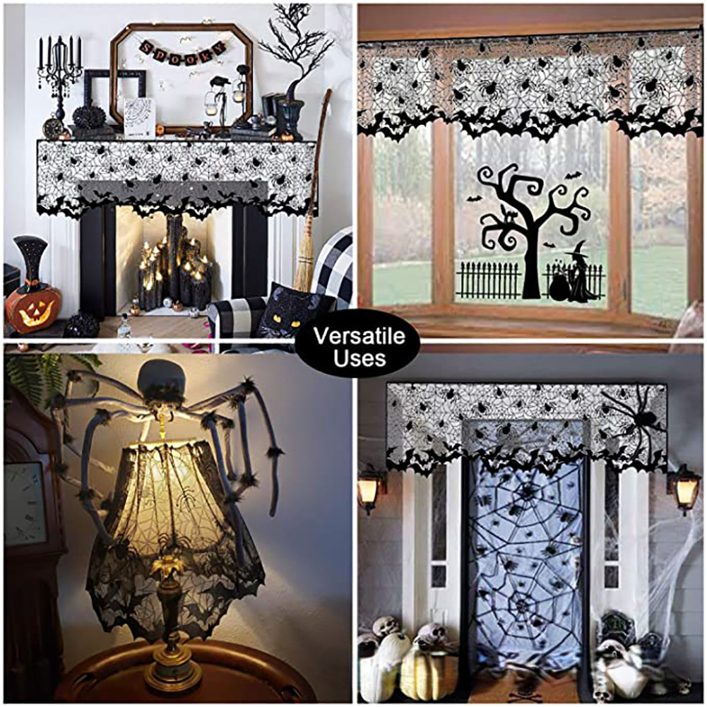 Sunward Halloween Decoration Lace Spider Tablecloth Fireplace Cloth Black  Party Decor 