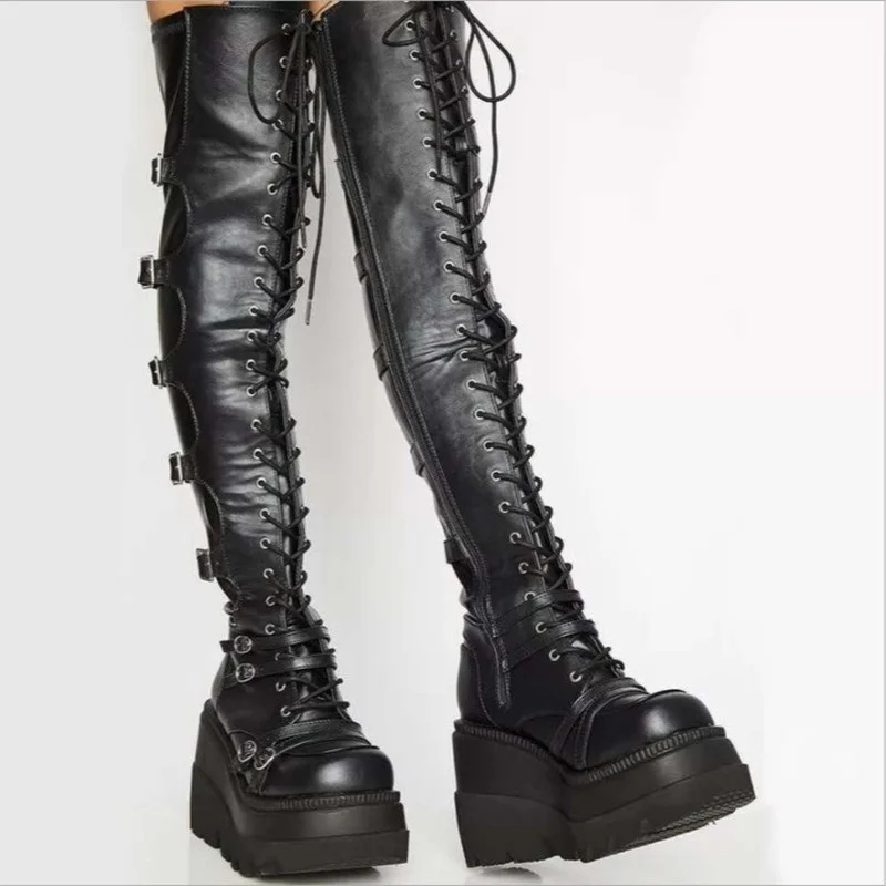 Botas negras plataforma alta para mujer, botas de caballero gruesas con cuña, estilo vendaje, por encima de rodilla, Sexy, 2022| | - AliExpress