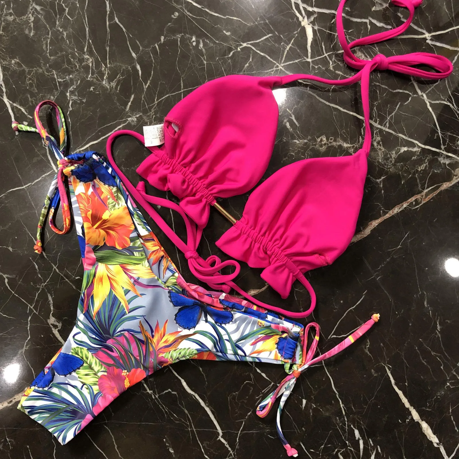 bikini set for beach 2022 Halter Bikini Set Ribbed Swimsuit Women Folds Bathing Suit High Cut Solid Bandage Swimwear Female Bather Bathing Suit bathing suits