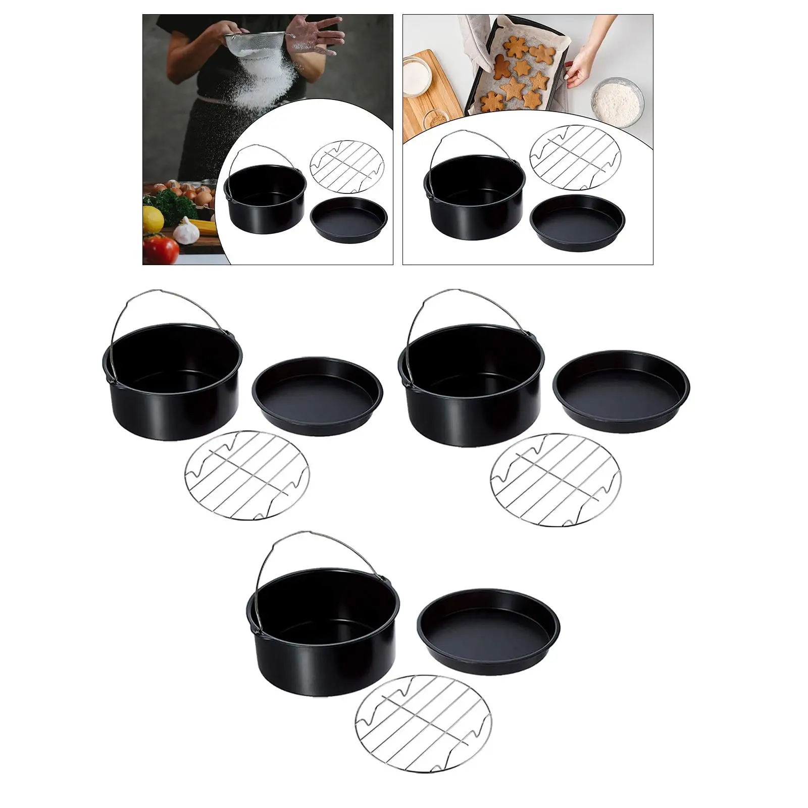 3x Durable Air Fryer Accessories Non-Stick Grill Pizza Pan Cake Basket Skewer Rack for Household Cooking Baking Kitchen BBQ