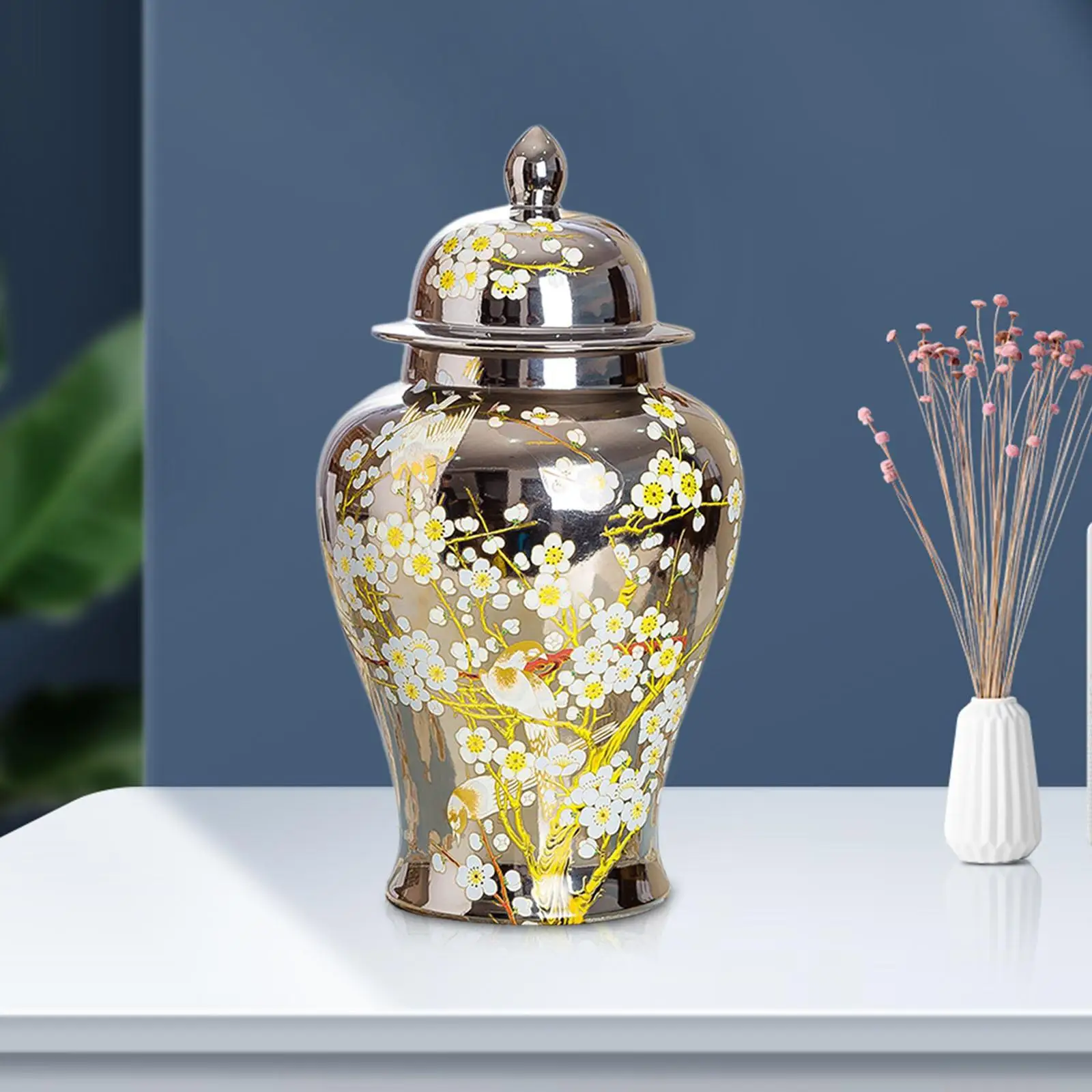 Porcelain Ginger Jar Temple Jar Storage Table Centerpiece Holder Ornaments Desktop Ceramic Flower Vase for Home Dining Room
