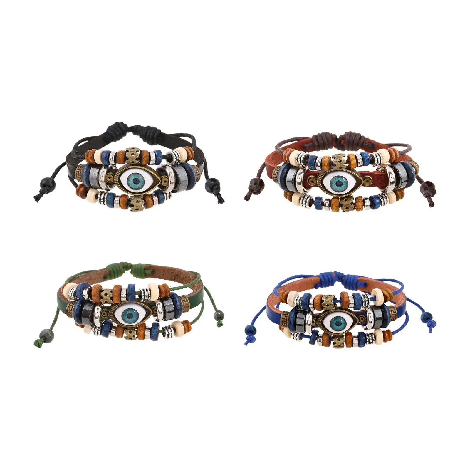 Multilayer PU Leather Bracelet Gifts Adjustable Length Wrist Cuff Bangle Vintage Style Beaded Cuff Wrap Bracelet for Men Women