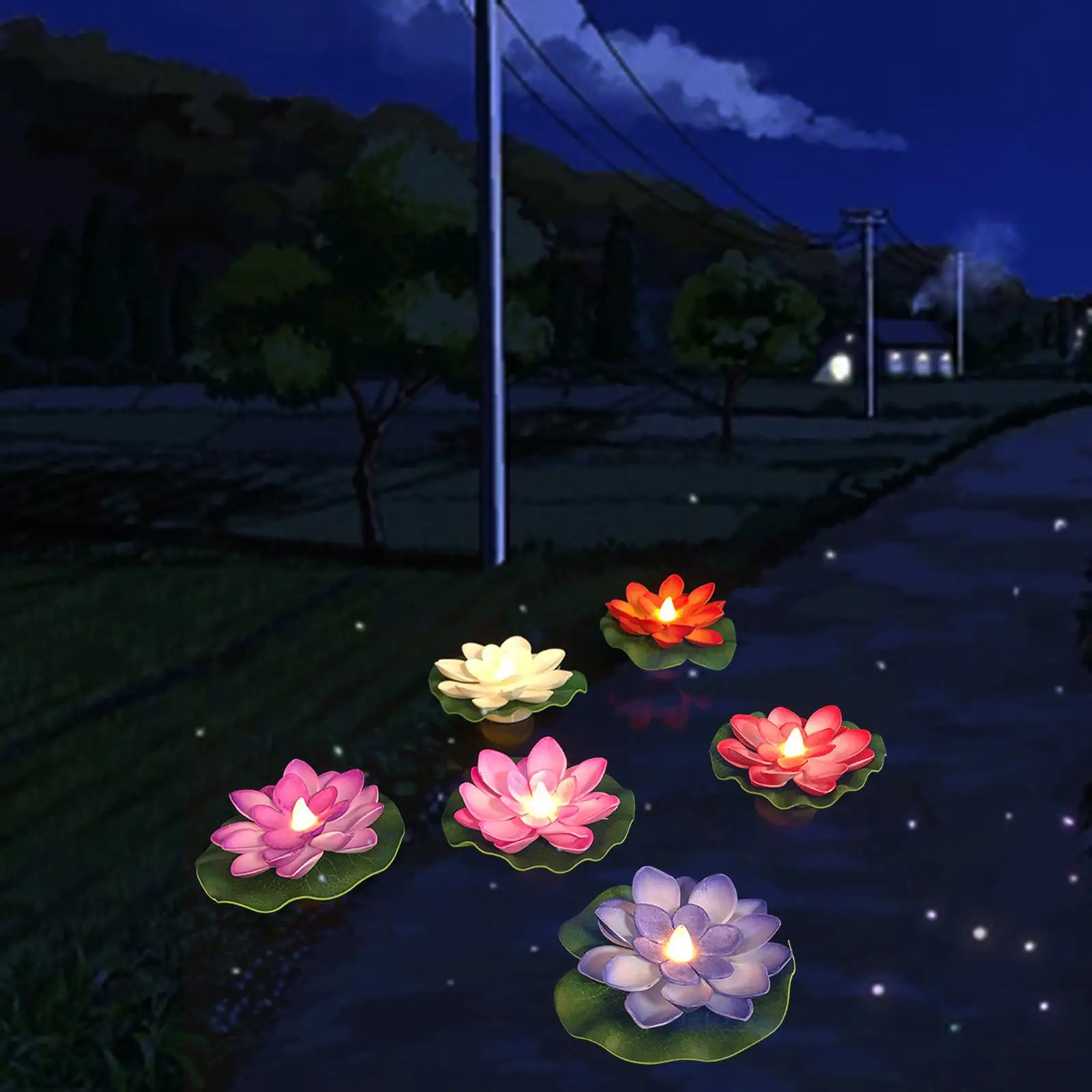 6 Pieces LED Floating Lotus Lamp Simulation Garden Pool Lamp Decoration
