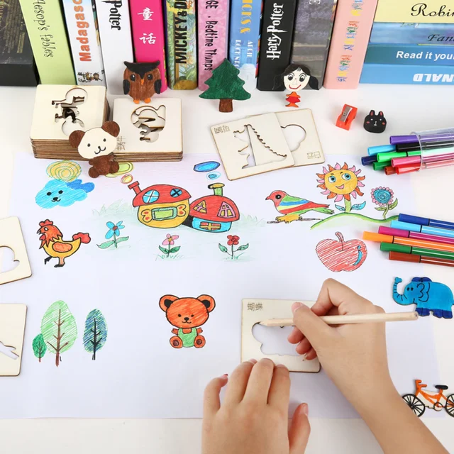 20pcs Wooden Diy Drawing Stencils, Drawing Tool For Kids, Doodle  Educational Gift For Boys And Girls