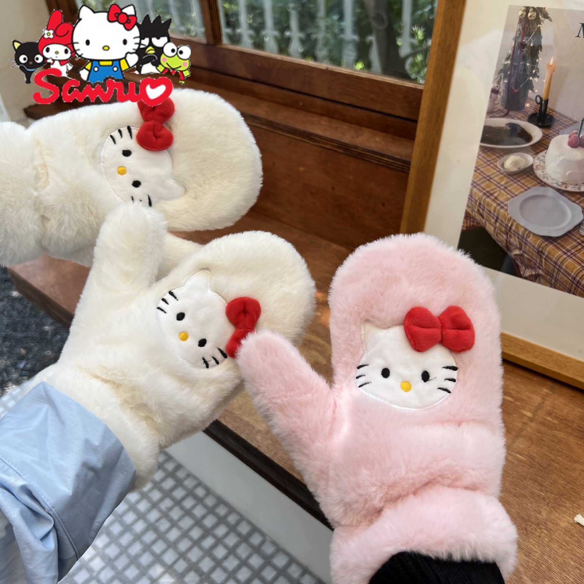 Sanrio, милые плюшевые перчатки с бантом в виде кошки Hello Kitty, для  девушек, для езды на пальцах, толстые студенческие перчатки с воротником  через шею, Плюшевые Вязаные перчатки с аниме | AliExpress