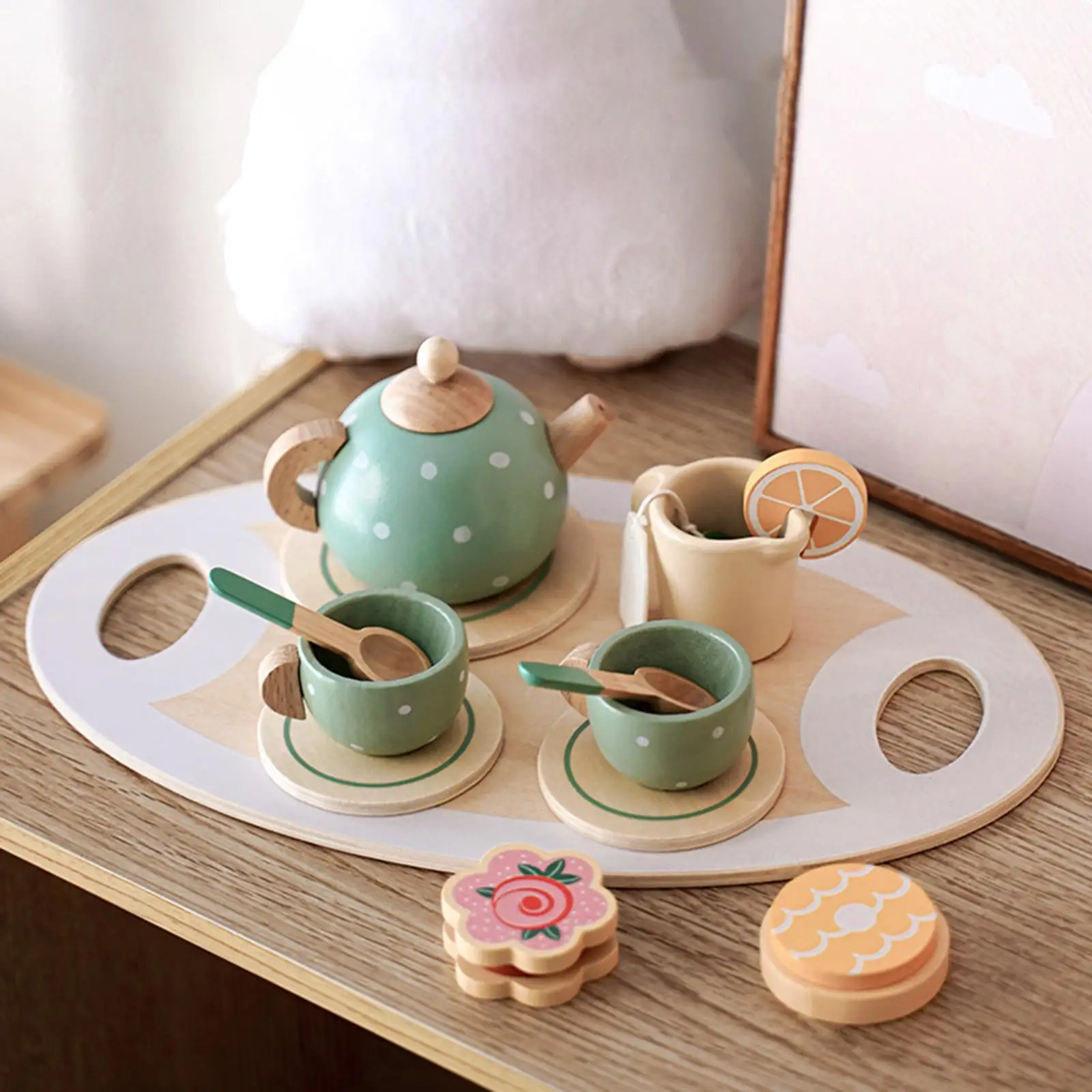Wooden Afternoon Tea Set Toy Pretend Play Food Learning Role Play Game Early Educational Toys for Toddlers Girls Boys Kids Gifts