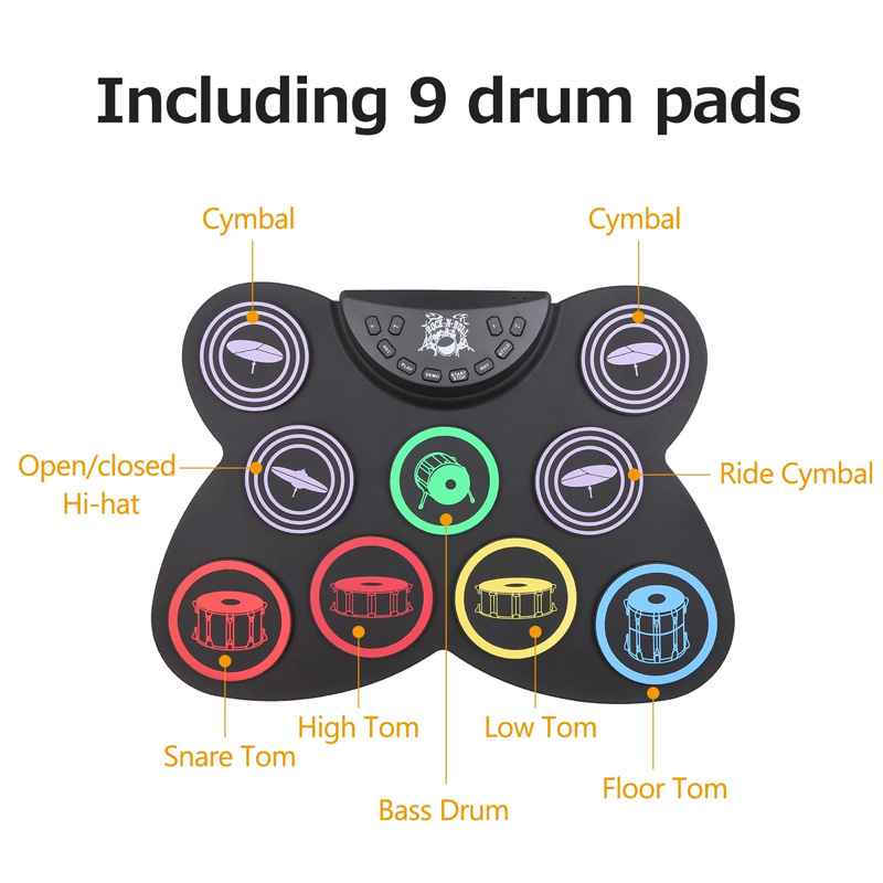 Title 12, 9-in-1-E-Drum-Kit, 9 Silikon-Drum-Pads, aufroll...