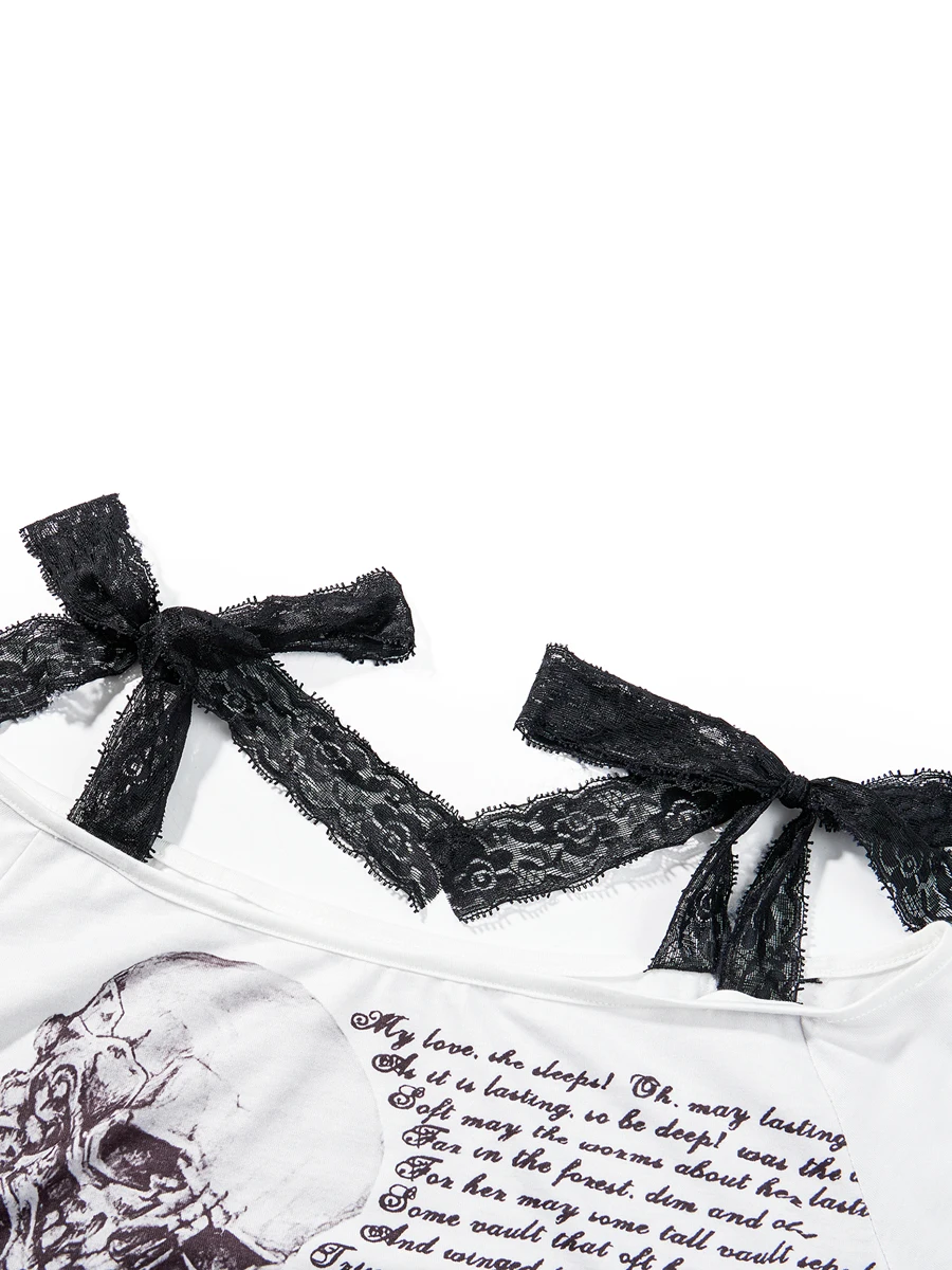 Women Gothic Y2K Grunge T Shirt Skull Print Short Sleeve Crop Tee Off Shoulder 90s E-Girl Aesthetic Tee Tops