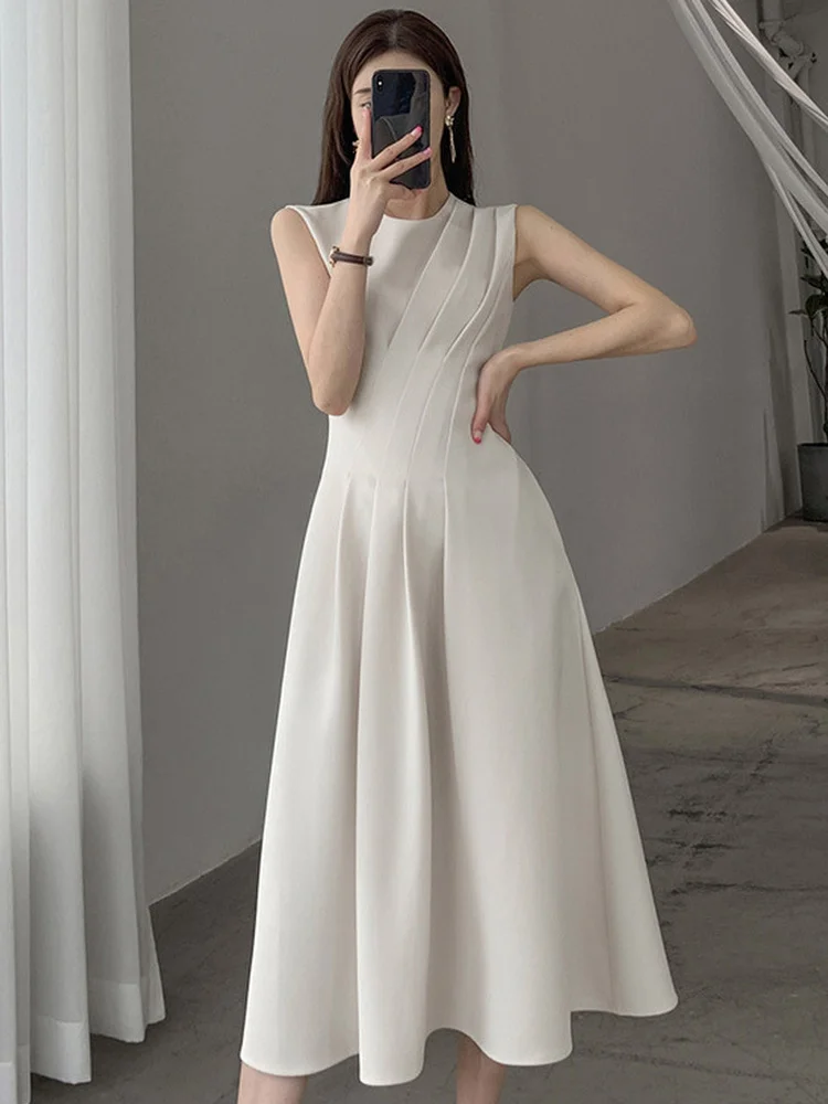 Elegant Midi Dress 2022 Women Fashion O-neck A-line Dress Spring Summer Beige Slim Waist Solid Dress Sleeveless shirt dress