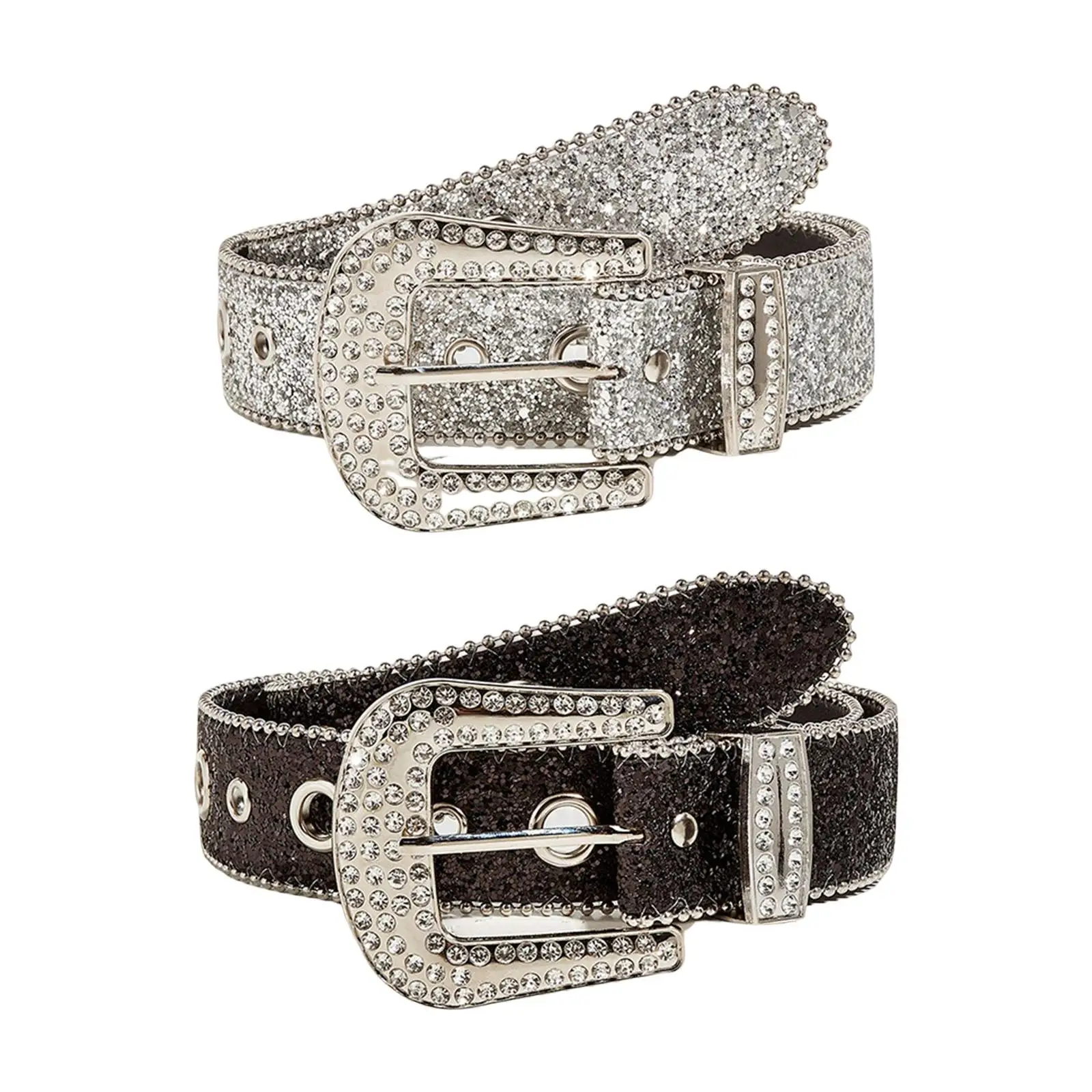 Women Belt Casual Sparkling Pin Buckle PU Leather Adjustable Rock Cowgirl Leather Belt for Evening Dresses Accessories Prom Men