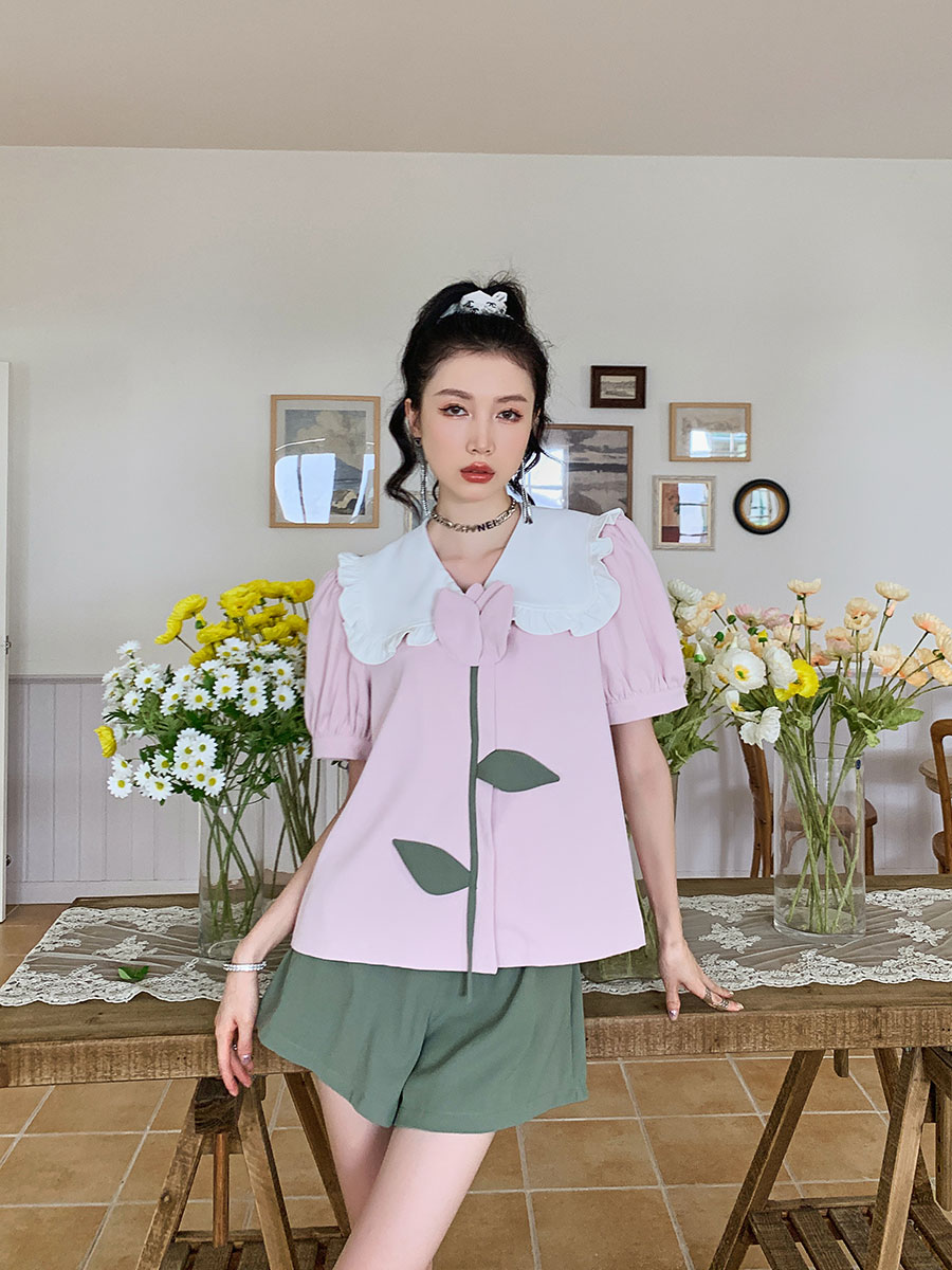 Blusa Coreana, Manga Puff, Patch Floral, Camisa