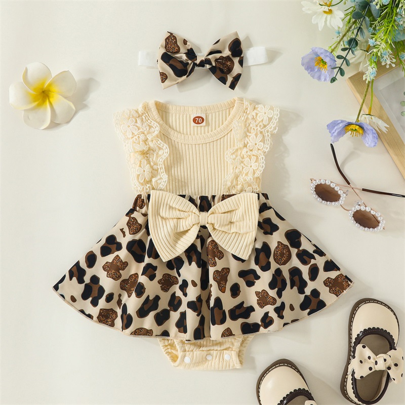 Baby 2 Stück Sommer Outfits ärmelloses Stram pler kleid mit Leoparden muster und Stirnband – Detail 2