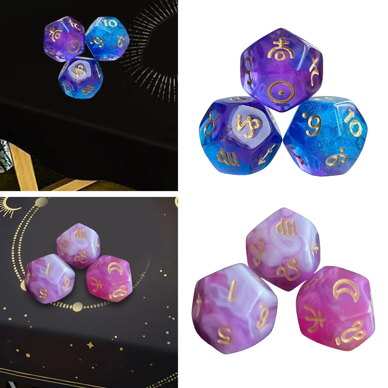 3x Astrology Signs Dice Board Game Dice Set Constellation Dices Acrylic D12 Dice Set, 1.4cm
