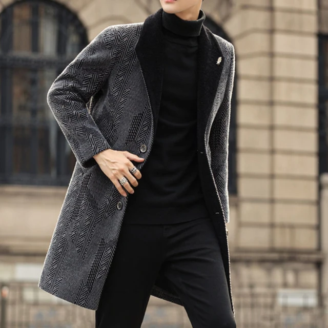 Chaqueta larga de lana para hombre, abrigo informal ajustado, color gris,  elegante, para negocios, Invierno - AliExpress