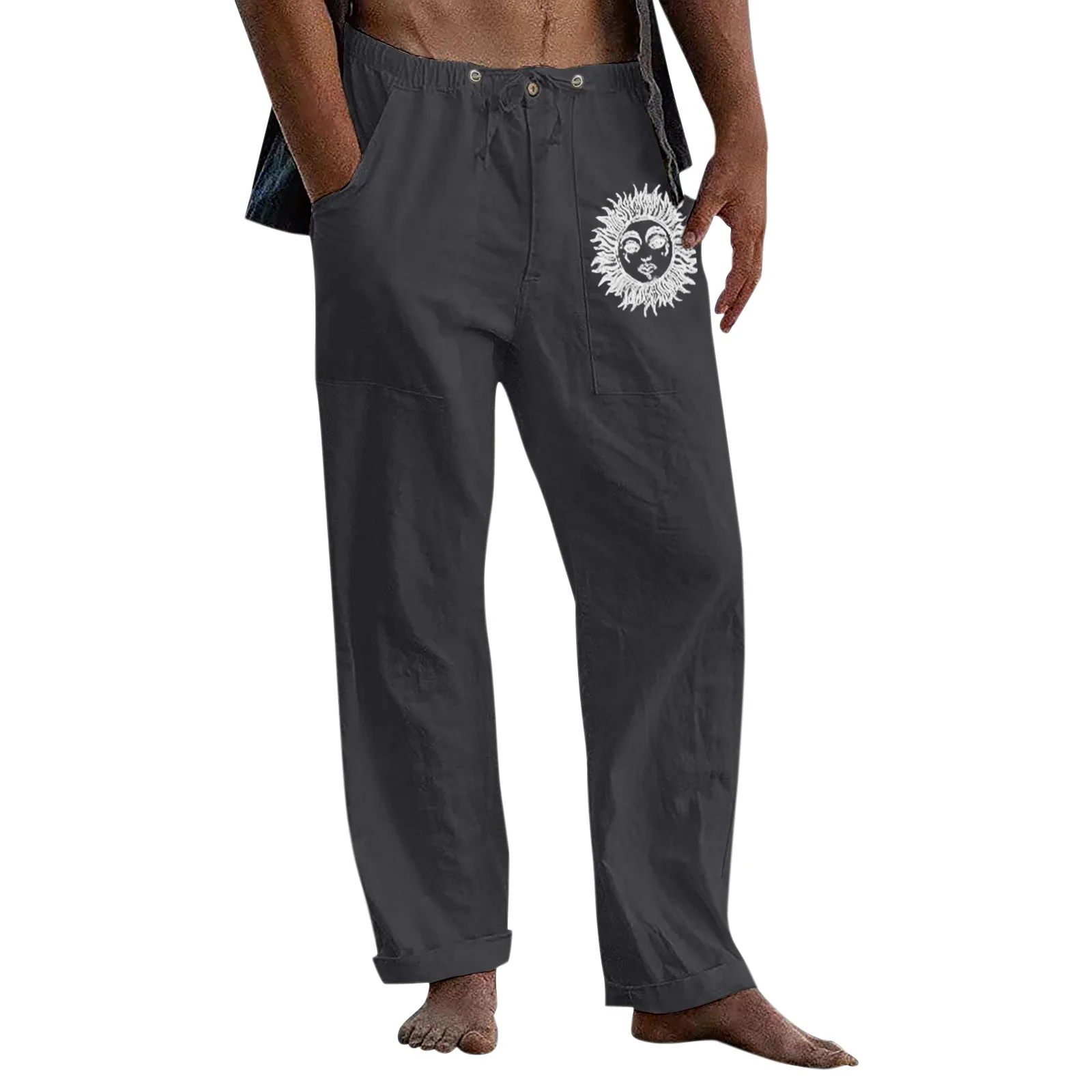 Tanie Męskie spodnie dorywczo słońce drukowane pełnej długości kieszeń na guzik spodnie ściągane sklep