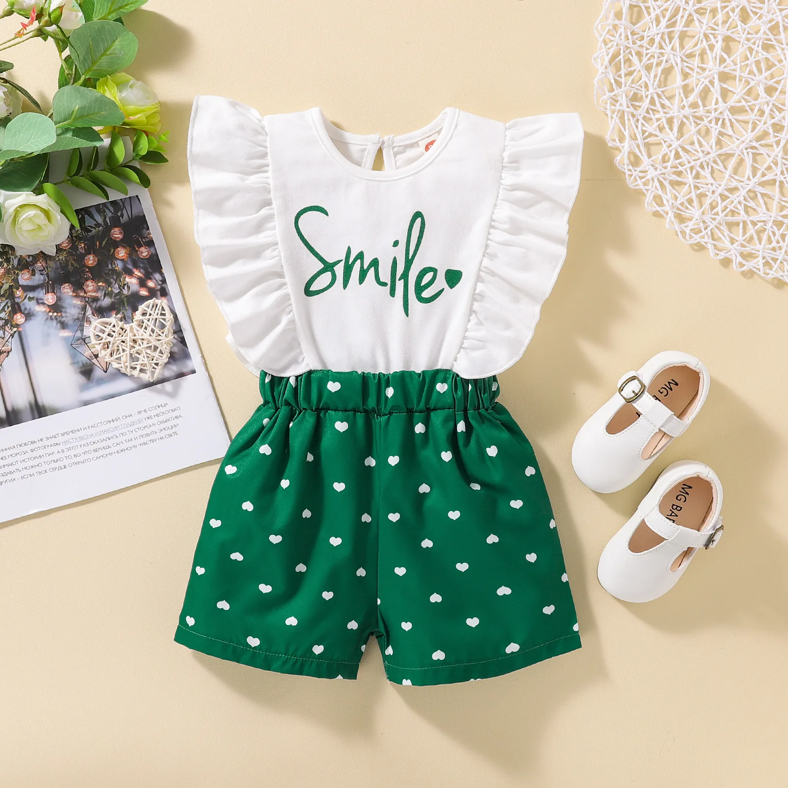 New Summer Baby Girls Clothing romper Ruffle Sleeves Letter Print splicing Love Black Shorts Infant  Clothes bodysuit baby dress and set